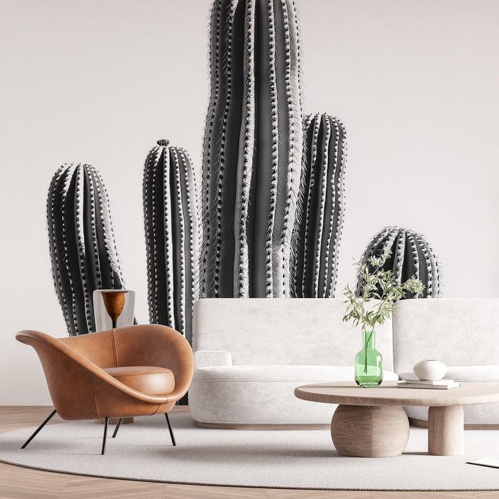 Papier peint cactus | Élégance Minimaliste en Noir et Blanc