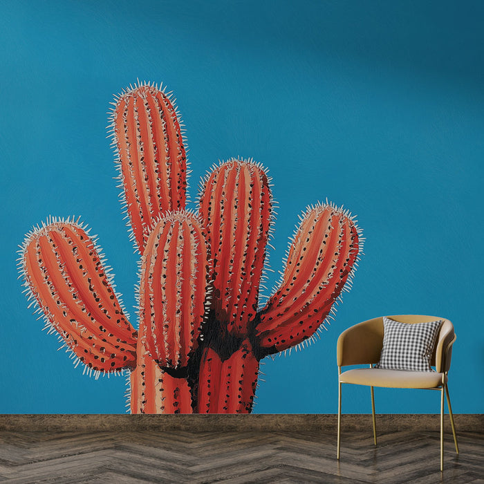 Papier peint cactus | Élégant cactus orange sur fond bleu vibrant