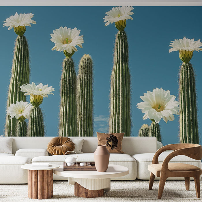 Papier peint cactus en fleurs | Cactées majestueux avec fleurs blanches éclatantes