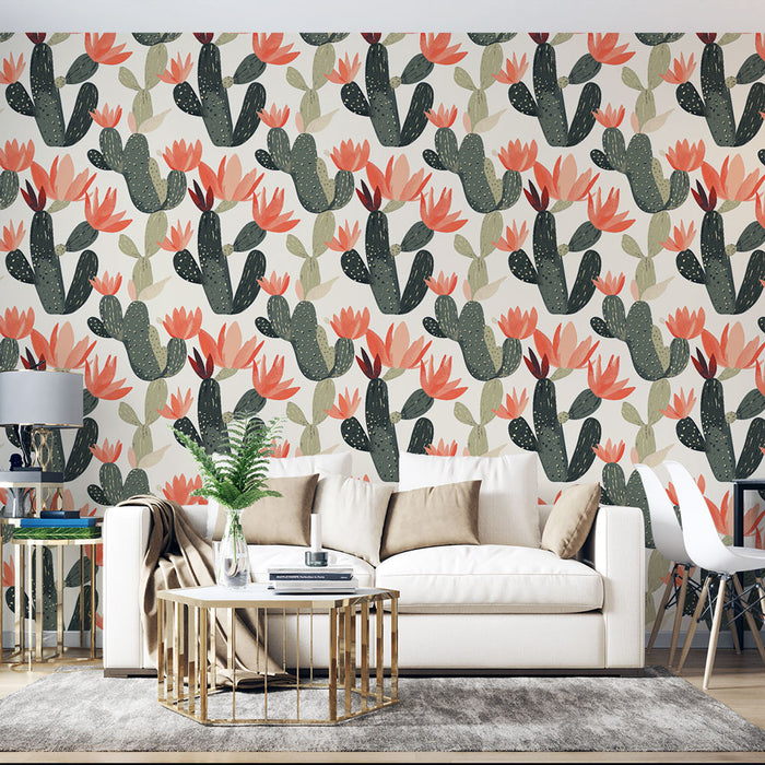 Un salon lumineux avec un papier peint tropical représentant des cactus verts ornés de fleurs corail, créant une ambiance vivante et accueillante.