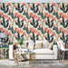 Un salon lumineux avec un papier peint tropical représentant des cactus verts ornés de fleurs corail, créant une ambiance vivante et accueillante.