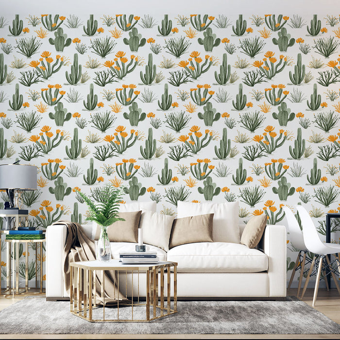 Un salon moderne avec un papier peint tropical représentant des cactus verts et des fleurs jaunes sur fond clair, créant une ambiance fraîche et vivante.