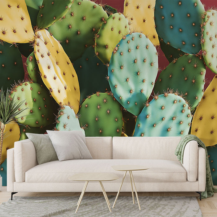 Papier peint cactus | Feuilles de cactus colorées sur fond rouge