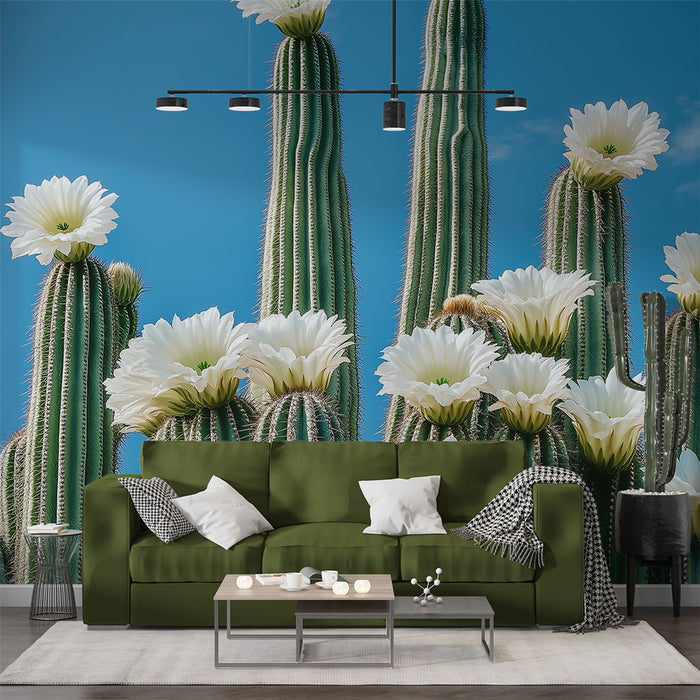 Papier peint cactus fleuri | Cactus majestueux avec fleurs blanches sur fond bleu