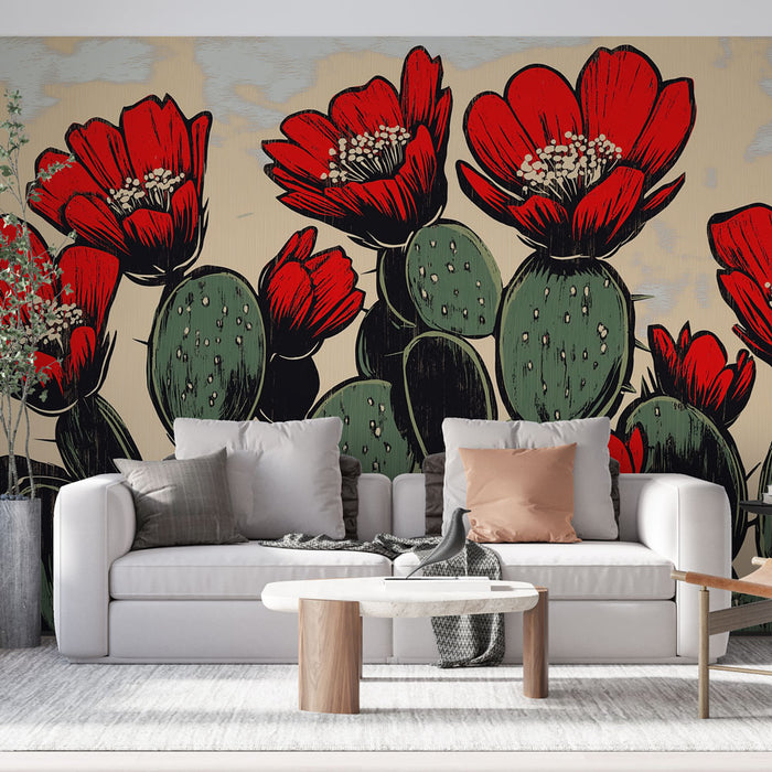 Papier peint cactus | Fleurs rouges vives sur une texture de cactus