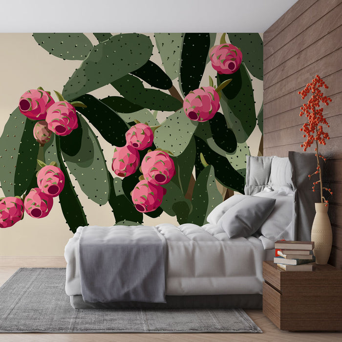 Une chambre moderne avec un papier peint tropical illustrant des figues de barbarie roses sur un fond beige, créant une ambiance vivante et chaleureuse.