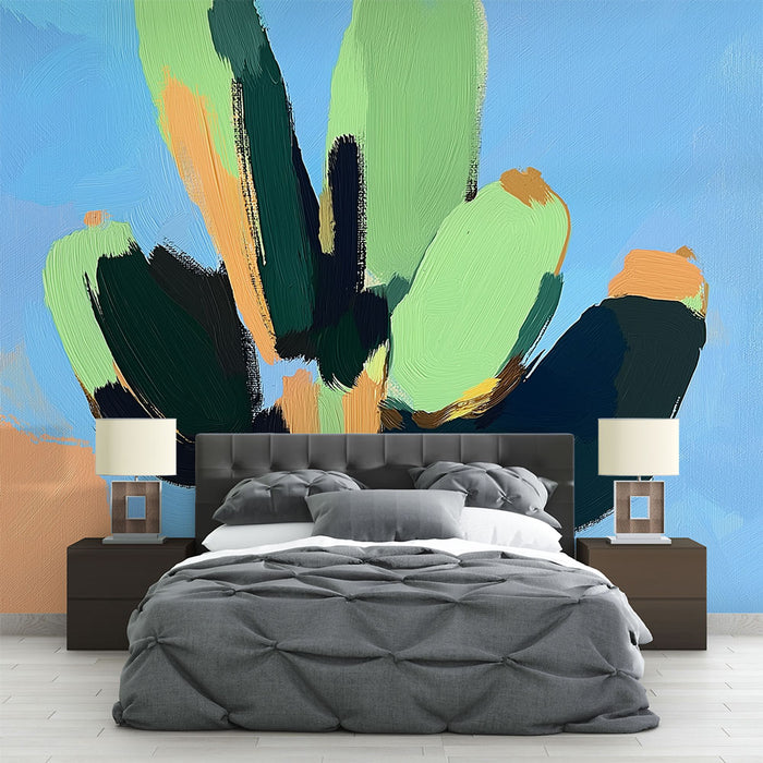 Papier peint cactus | Illustration artistique d'un cactus coloré sur fond bleu