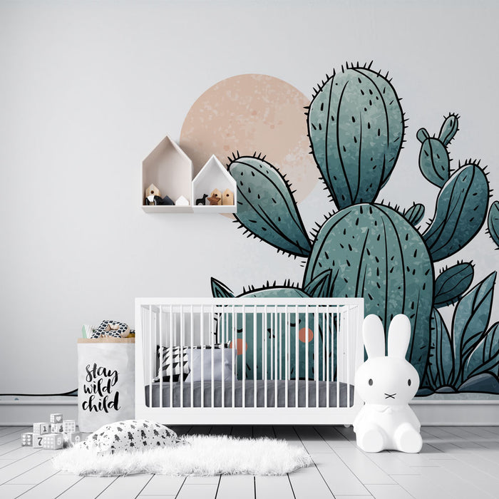 Une chambre d'enfant avec un papier peint illustrant des cactus stylisés aux teintes vertes sur fond clair, créant une ambiance ludique et apaisante.