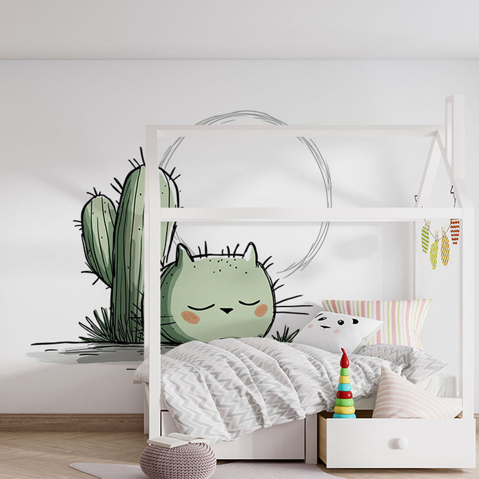 Une chambre d'enfant avec un papier peint illustratif représentant un chat vert et un cactus, créant une ambiance ludique et joyeuse.