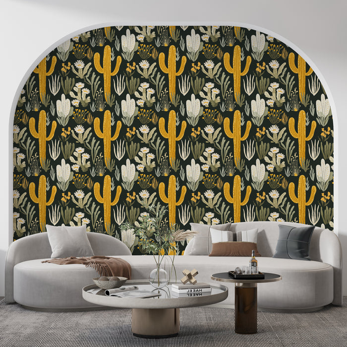 Une pièce moderne avec un papier peint tropical représentant des cactus et des fleurs sur fond noir, créant une ambiance chaleureuse et vivante.