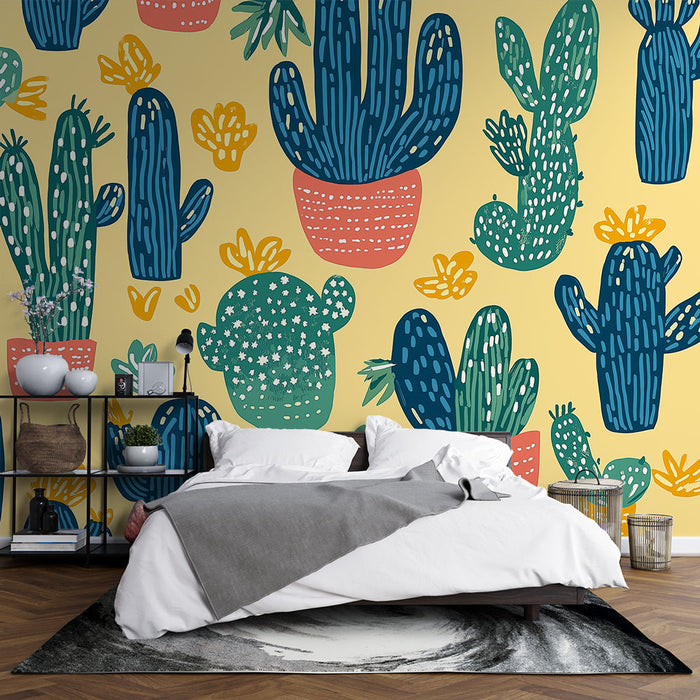 Papier peint cactus | Motif coloré et vivant sur fond jaune