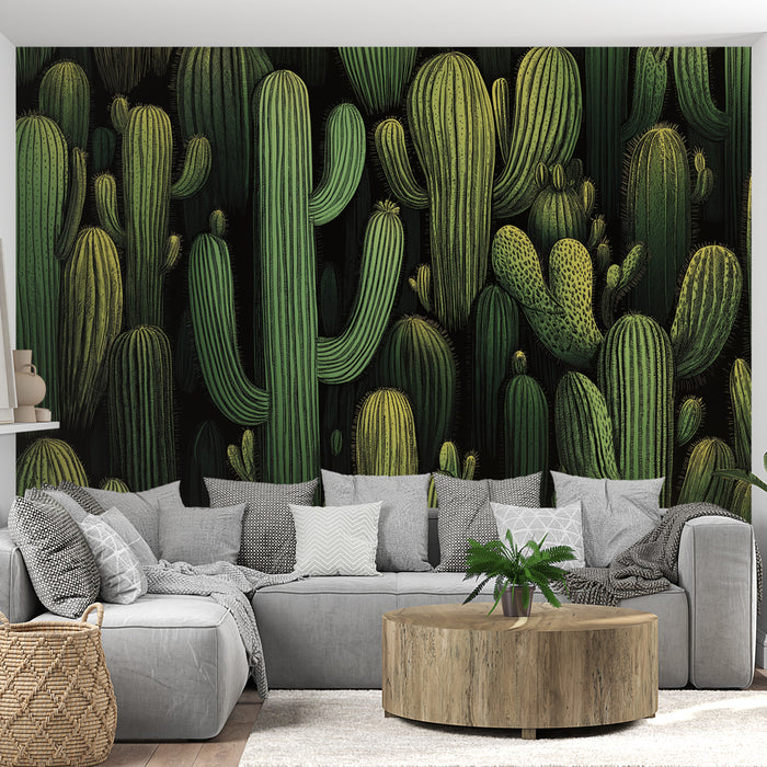 Papier peint cactus | Motif de cactus luxuriants sur fond sombre