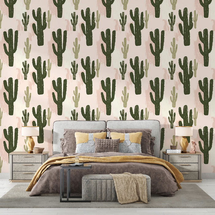 Une chambre moderne avec un papier peint représentant des cactus verts sur un fond rose pastel, créant une ambiance chaleureuse et accueillante.