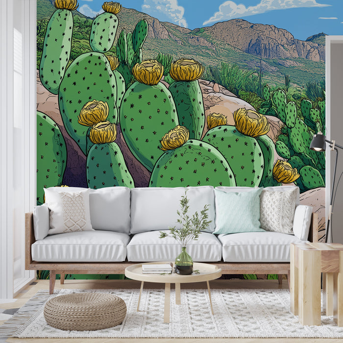 Papier peint cactus | Motif de cactus verts avec fleurs jaunes dans un paysage désertique