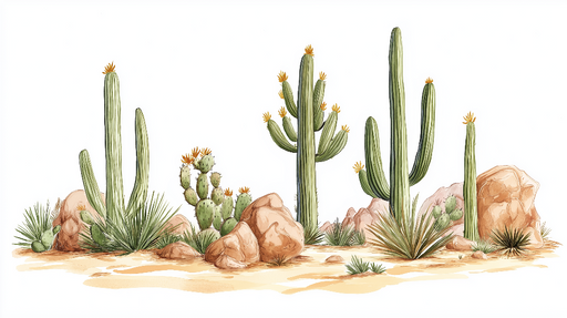 Papier peint cactus Motif de désert avec cactus colorés et rochers