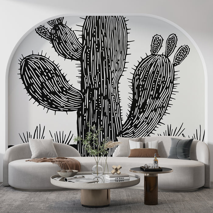 Papier peint cactus | Motif graphique noir et blanc