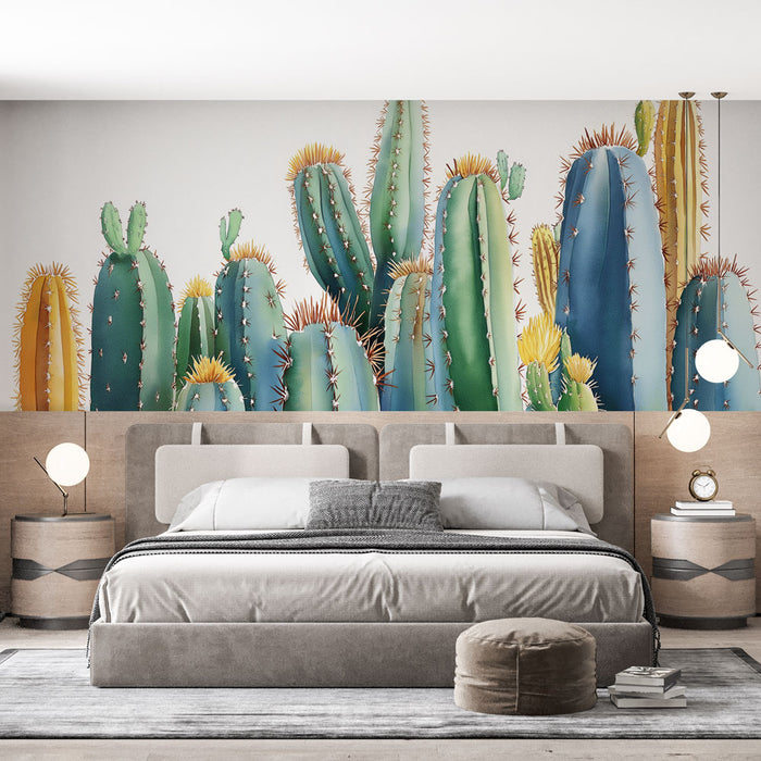 Papier peint cactus | Motif vibrant de cactus colorés sur fond blanc