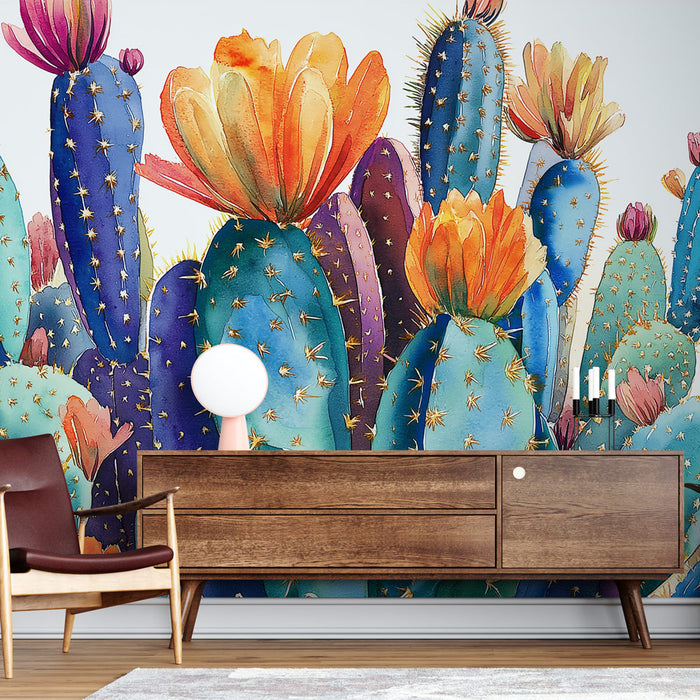 Papier peint cactus | Motif vibrant de cactus en aquarelle