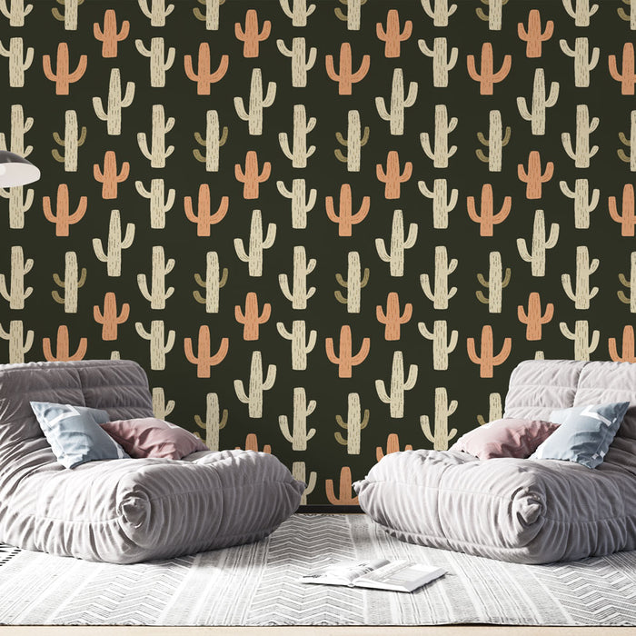 Un salon moderne avec un papier peint représentant des cactus stylisés aux teintes douces sur fond noir, créant une ambiance chaleureuse et accueillante.