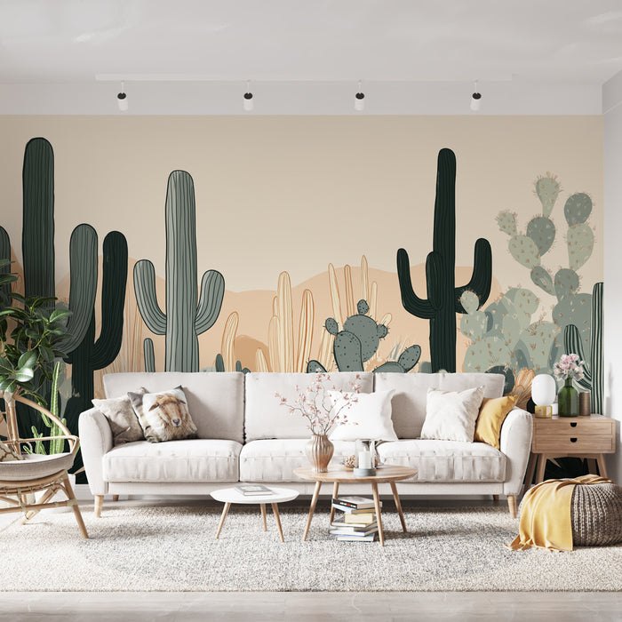 Papier peint cactus avec motifs de cactus colorés minimalistes pour salon moderne