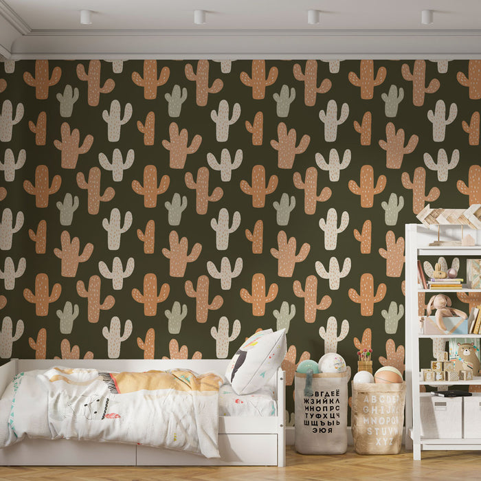 Une chambre d'enfant avec un papier peint représentant des cactus colorés sur fond vert foncé, créant une ambiance ludique et chaleureuse.