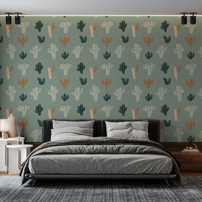 Une chambre moderne avec un papier peint représentant des cactus stylisés aux teintes vertes, orange et crème sur fond bleu-vert, créant une ambiance fraîche et accueillante.
