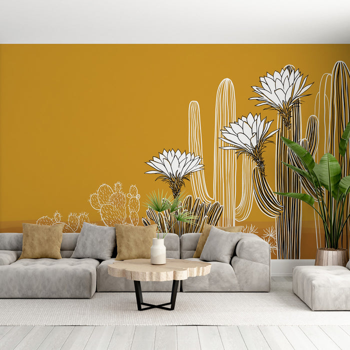 Un salon moderne avec un papier peint jaune moutarde illustrant des cactus et des fleurs blanches, créant une ambiance chaleureuse et accueillante.