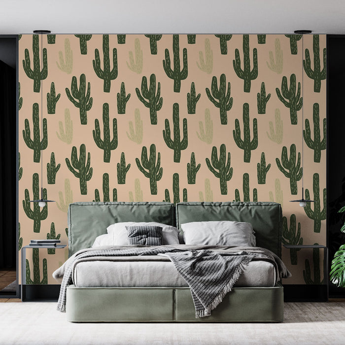 Une chambre moderne avec un papier peint représentant des cactus verts sur fond beige, créant une ambiance chaleureuse et accueillante.