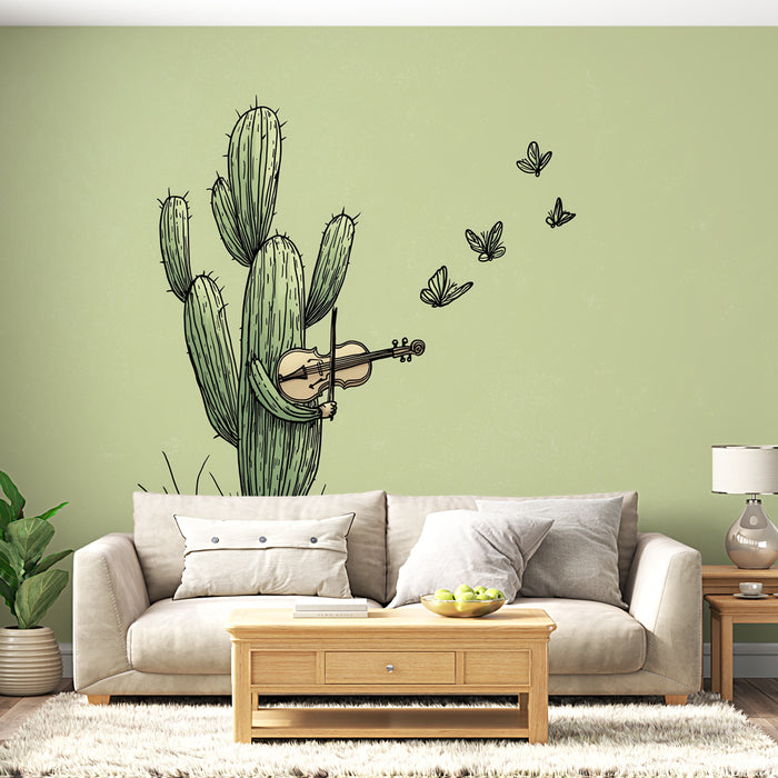 Un salon moderne avec un papier peint illustratif représentant un cactus jouant du violon, entouré de papillons, créant une ambiance ludique et artistique.