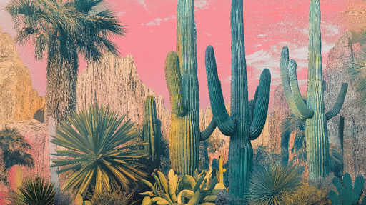 Papier peint cactus Paysage coloré de cactus sous un ciel rose