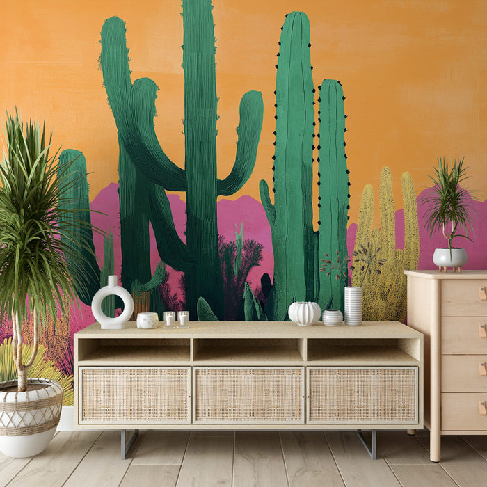 Papier peint cactus | Paysage désertique aux teintes vibrantes