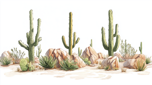 Papier peint cactus Paysage désertique avec cactus et rochers