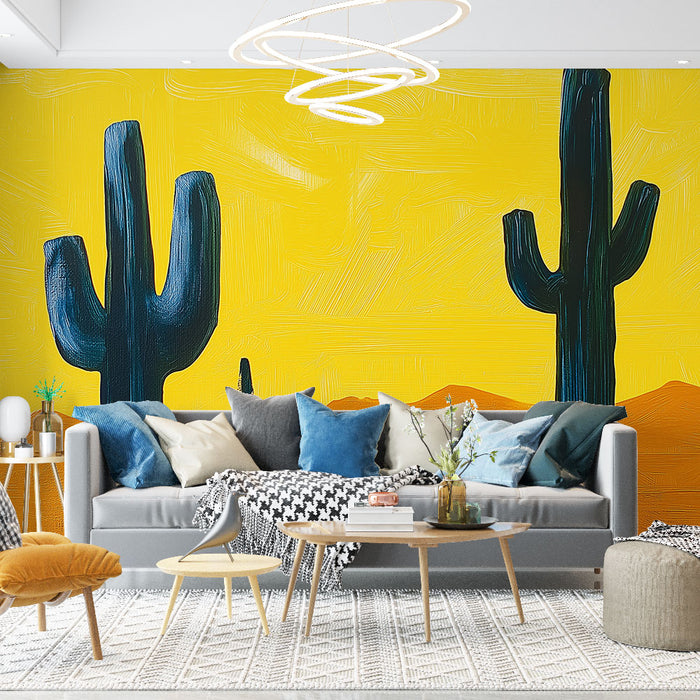 Papier peint cactus | Paysage désertique avec cactus sur fond jaune vif