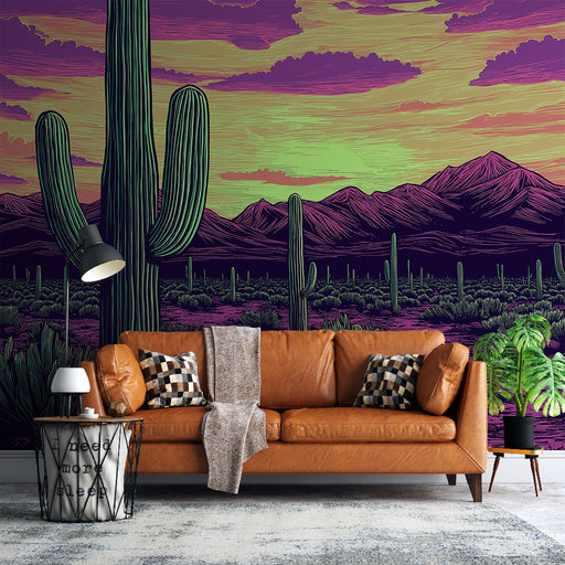 Papier peint paysage désertique coloré avec cactus et montagnes pour salon moderne
