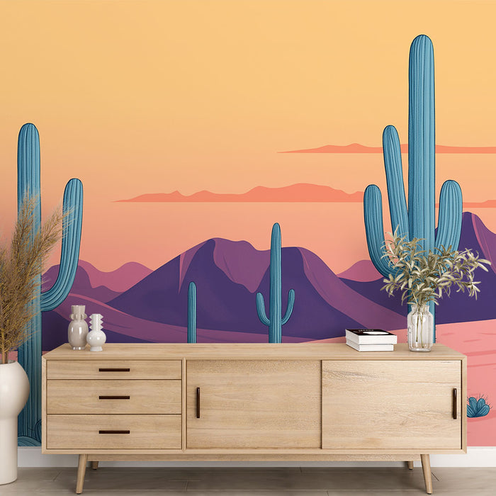 Papier peint cactus | Paysage désertique coloré avec des cactus stylisés