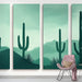 Une pièce moderne avec un papier peint représentant des cactus stylisés sur fond vert doux, créant une atmosphère apaisante et naturelle.