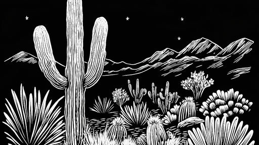 Papier peint cactus Paysage désertique monochrome avec cactus et montagnes