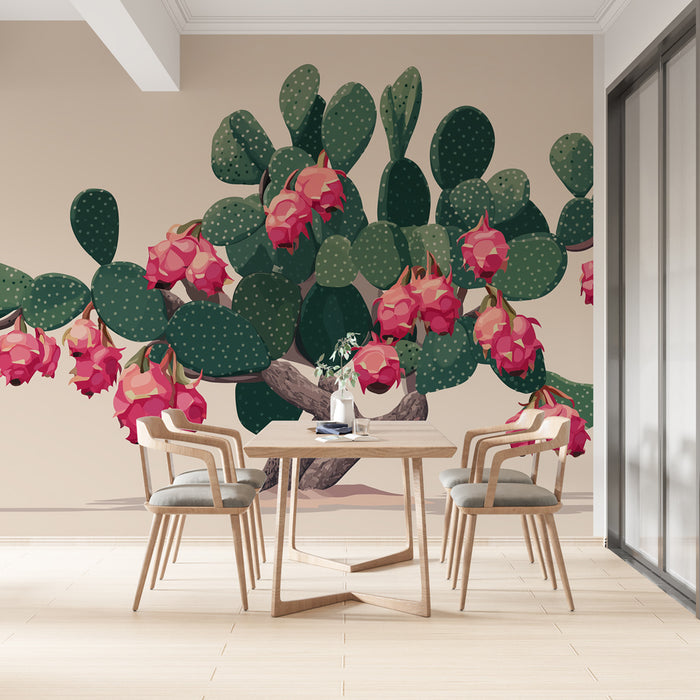 Une salle à manger moderne avec un papier peint représentant un cactus aux grandes fleurs roses sur fond beige, créant une ambiance chaleureuse et tropicale.