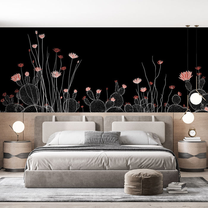 Une chambre moderne avec un papier peint représentant des cactus et des fleurs délicates sur fond noir, créant une ambiance à la fois audacieuse et apaisante.