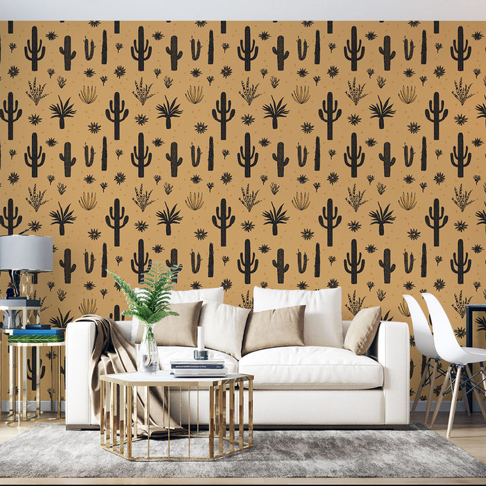 Un salon contemporain avec un papier peint aux motifs de cactus noirs sur fond beige, créant une ambiance chaleureuse et exotique.