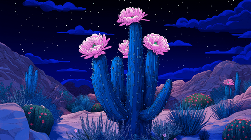 Papier peint cactus Un paysage nocturne vibrant avec des cactus fleuris