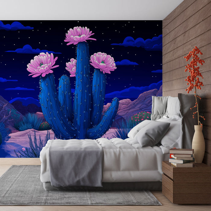 Papier peint cactus | Un paysage nocturne vibrant avec des cactus fleuris