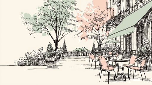 Papier peint café en terrasse Une ambiance de café pittoresque avec des arbres en fleurs