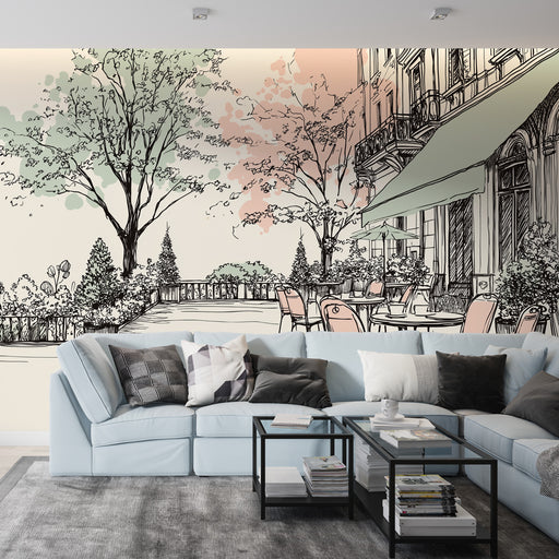 Un salon moderne avec un papier peint illustratif représentant une terrasse de café en plein air, mêlant des teintes pastel et des dessins délicats d'arbres et de mobilier.