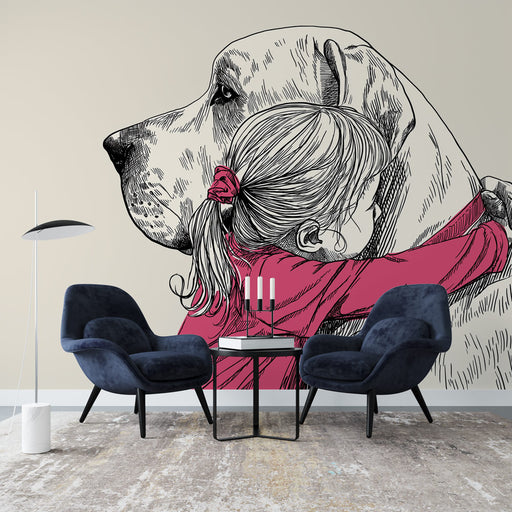 Une pièce moderne avec un papier peint illustratif représentant une fillette enroulant ses bras autour d'un grand chien, créant une atmosphère chaleureuse et affectueuse.