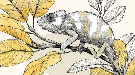Papier peint caméléon Caméléon sur une branche ornée de feuilles jaunes