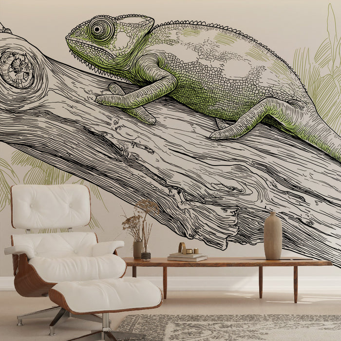 Une pièce moderne avec un papier peint représentant un caméléon vert sur une branche, évoquant une ambiance naturelle et artistique.