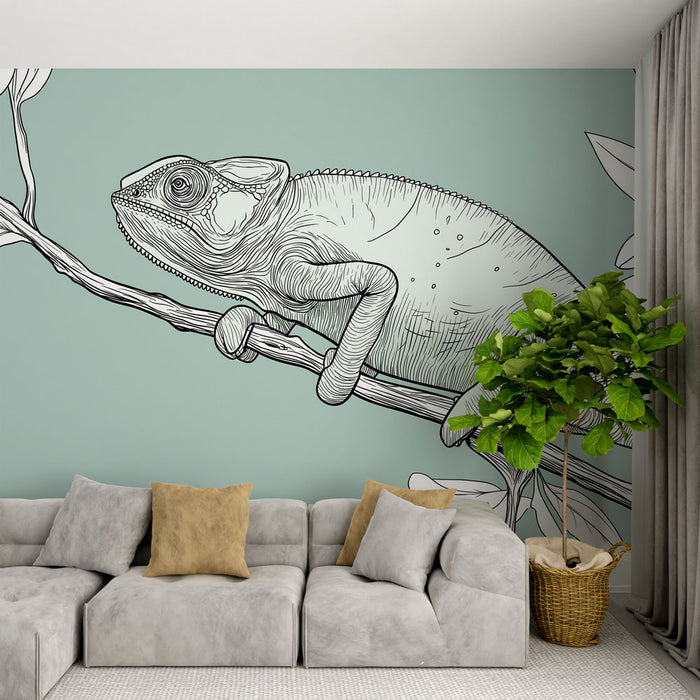Une pièce moderne avec un papier peint illustrant un caméléon stylisé sur fond vert doux, créant une atmosphère artistique et naturelle.