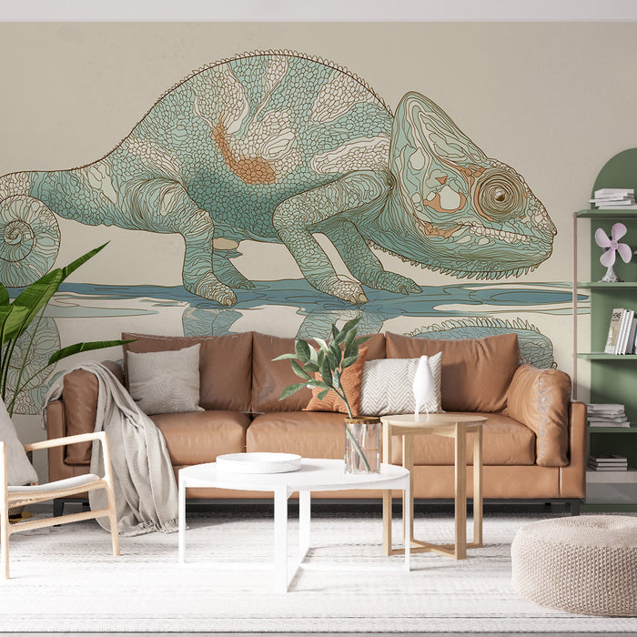 Un salon moderne avec un papier peint illustrant un caméléon stylisé aux teintes turquoise et beige, créant une ambiance artistique et originale.