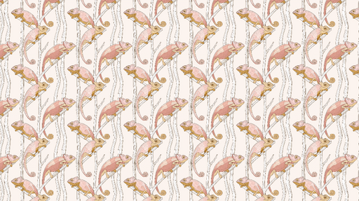 Papier peint caméléon Motifs de caméléons roses et tiges délicates